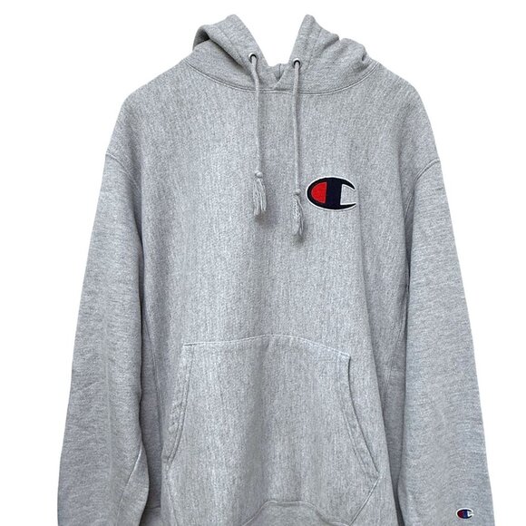 CHAMPION Reverse Weave Hoodie Size Large Oxford Grey Sweatshirt C Logo - Picture 3 of 16